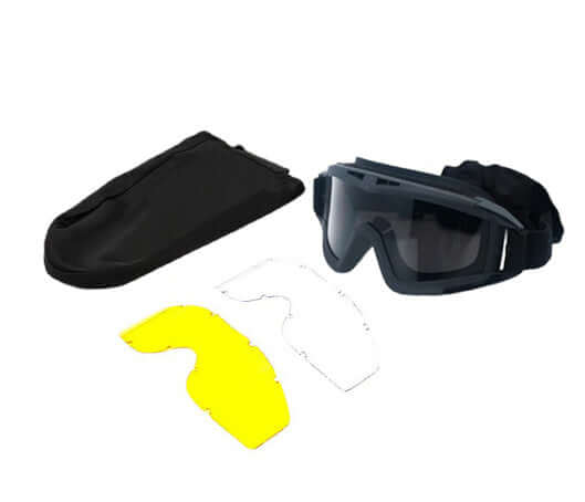 Desert Grasshopper Tactical Goggles with lens options and carrying case, perfect for sports and outdoor activities.
