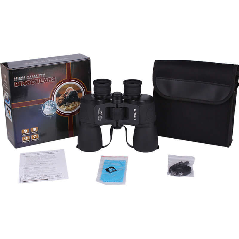 Military HD Night Vision Binoculars with packaging, lens covers, and accessories.