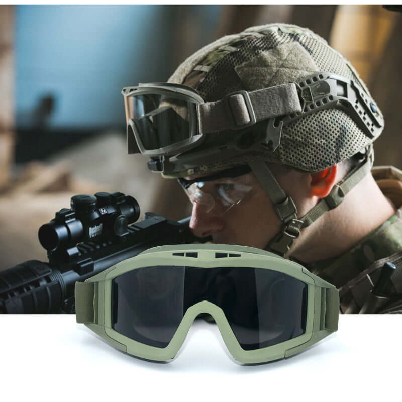 Desert Grasshopper Tactical Goggles displayed in front of a soldier aiming with a rifle, showcasing durability and tactical style.
