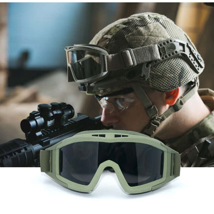 Desert Grasshopper Tactical Goggles displayed in front of a soldier aiming with a rifle, showcasing durability and tactical style.