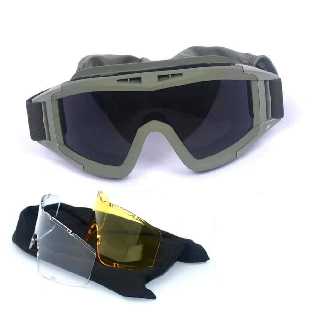 Desert Grasshopper Tactical Goggles with interchangeable lenses in a tactical pouch.
