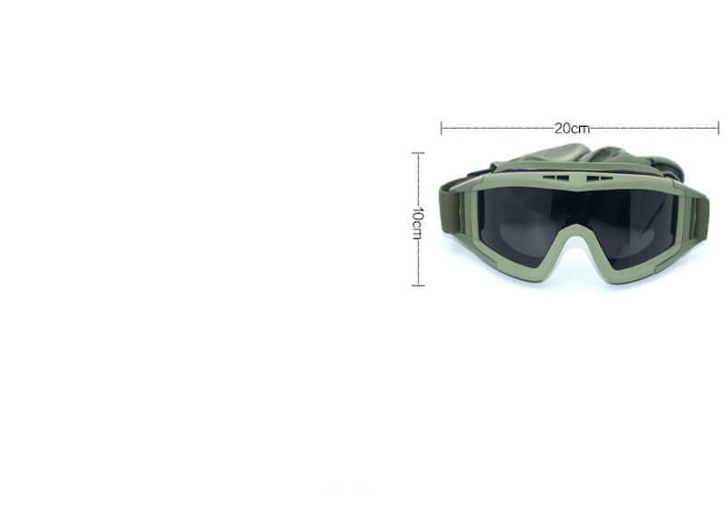 Desert Grasshopper Tactical Goggles in green with full rim frame and measurements of 20cm x 10cm.